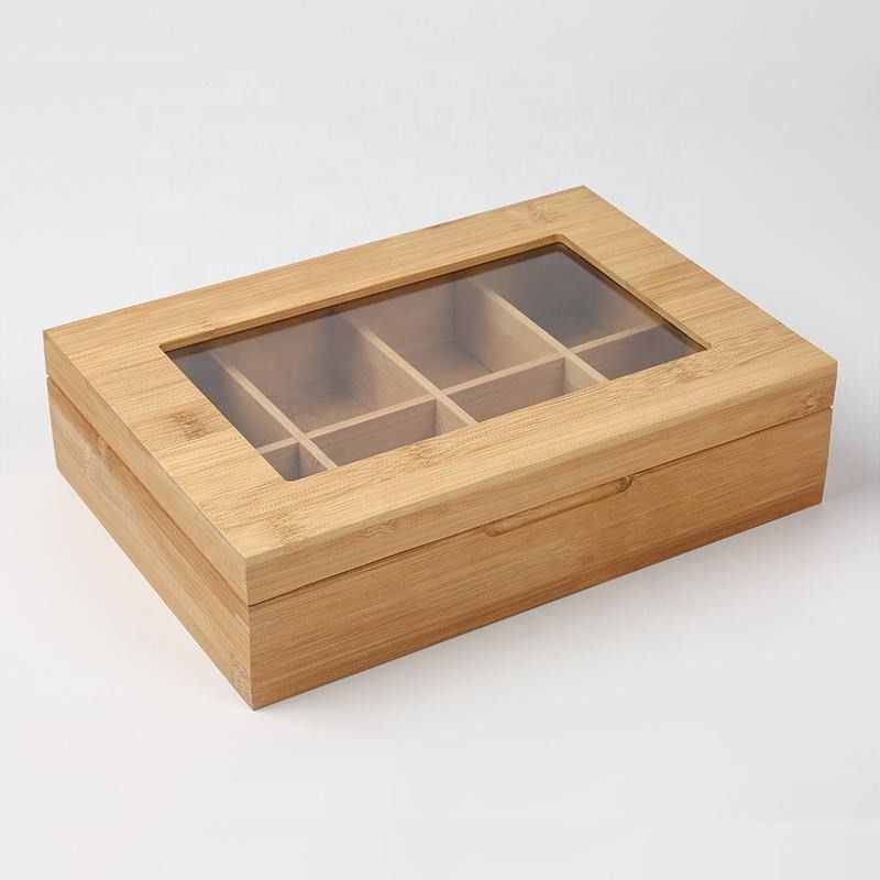 8 Bölmeli Menteşeli Ahşap Saklama Kutusu Bambu Çay Kutusu Depolama Düzenleyici
