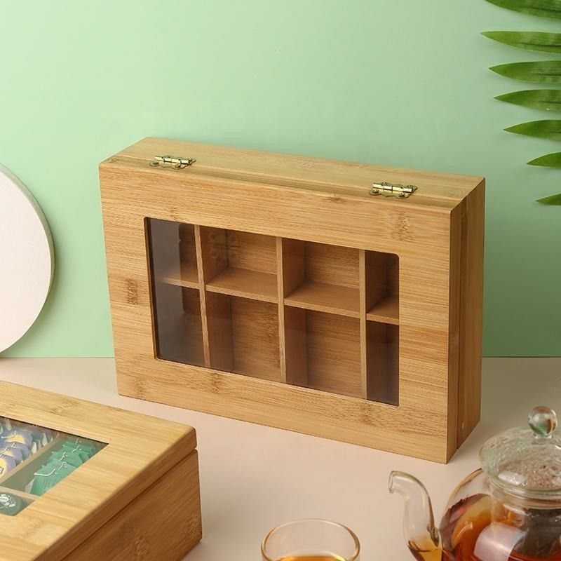 8 Bölmeli Menteşeli Ahşap Saklama Kutusu Bambu Çay Kutusu Depolama Düzenleyici