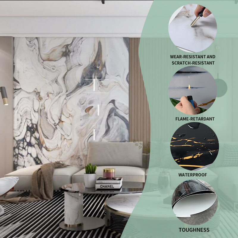 Altın Toz Taş Damarlı Duvar Paneli Mermer Desenli UV Parlak Mermer Neme Dayanıklı Geniş Özel Kalınlık PVC Mermer Levha